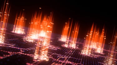 A digital landscape with glowing orange and white vertical light spikes rising from a dark grid, representing the various Ahurst Tech M&A resources.