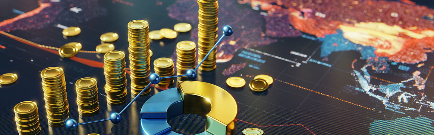 Gold coins and various graphs displayed on a world map
