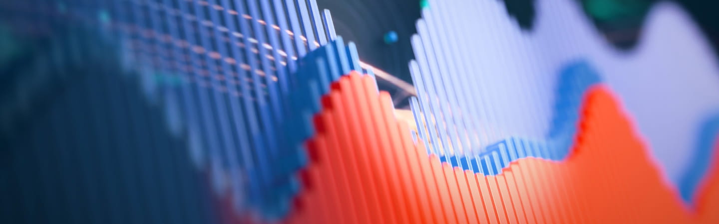 Coral and blue stock market digitsed graphic.