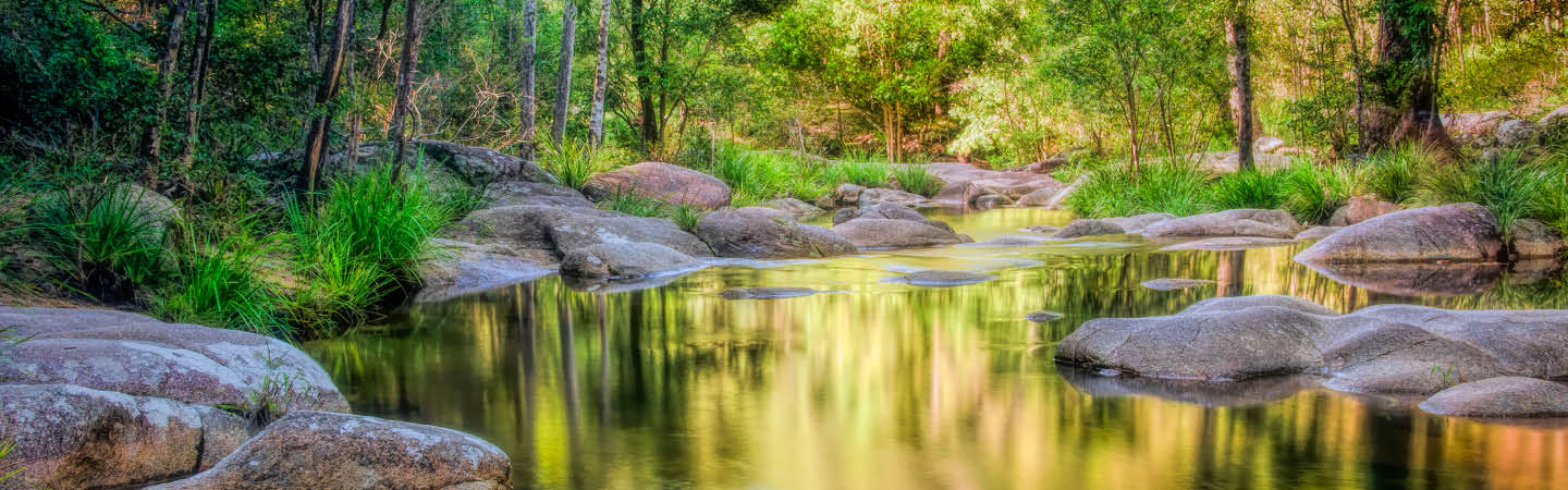 Tranquil Australian bushland creek with granite boulders, used in the Environment and planning year in review 2025