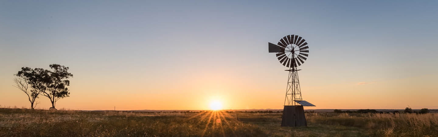 Sunset over rural Australia with silhouetted windmill, used in the Environment and planning year in review 2025