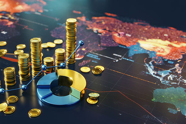 Gold coins and various graphs displayed on a world map