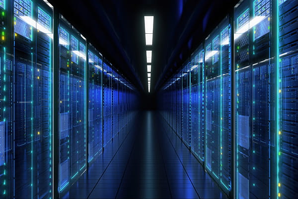 A long hallway lined with rows of servers, showcasing a modern data center environment.
